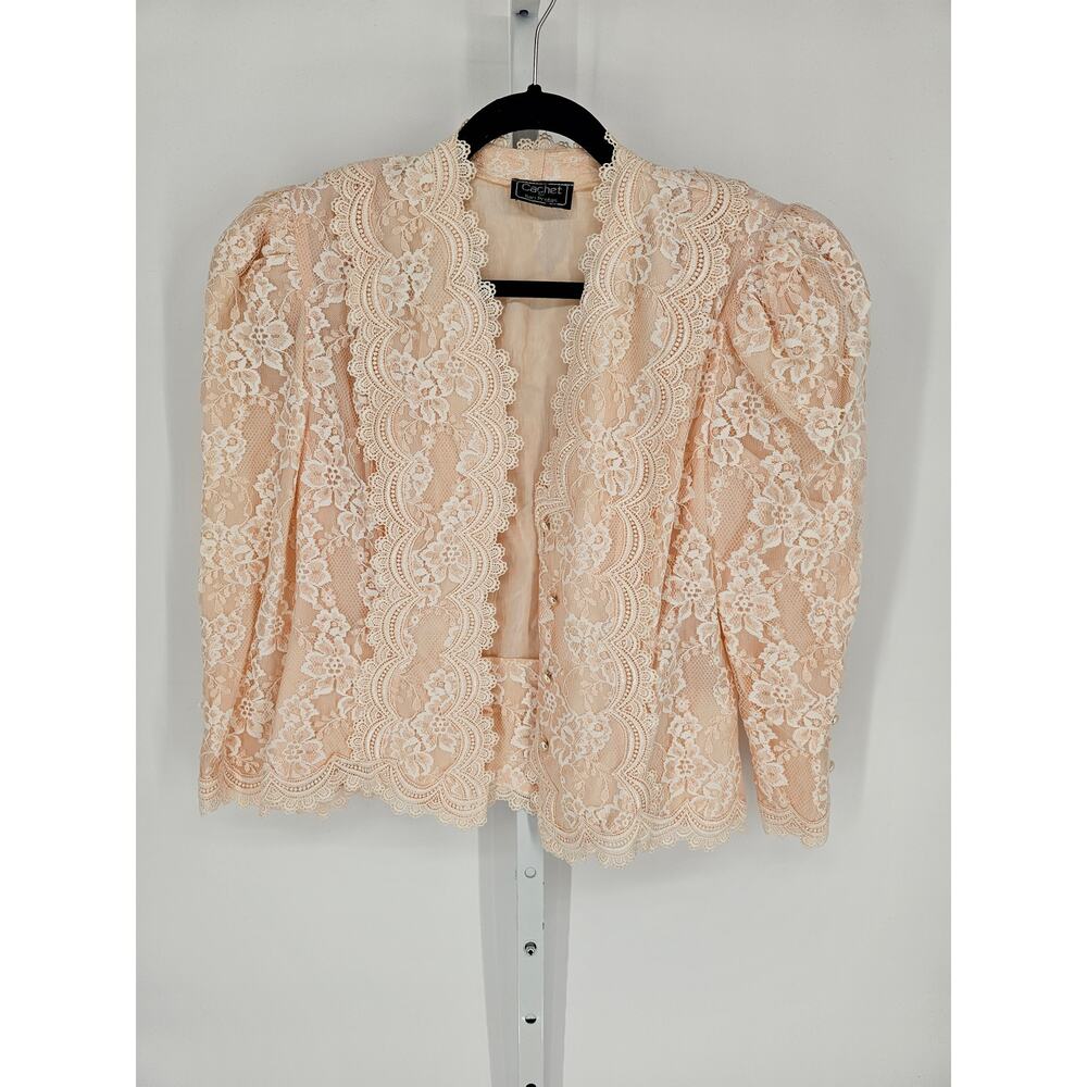 Cachet Women's Pink Floral Crochet Lace Long Puff Sleeve Cardigan Size L